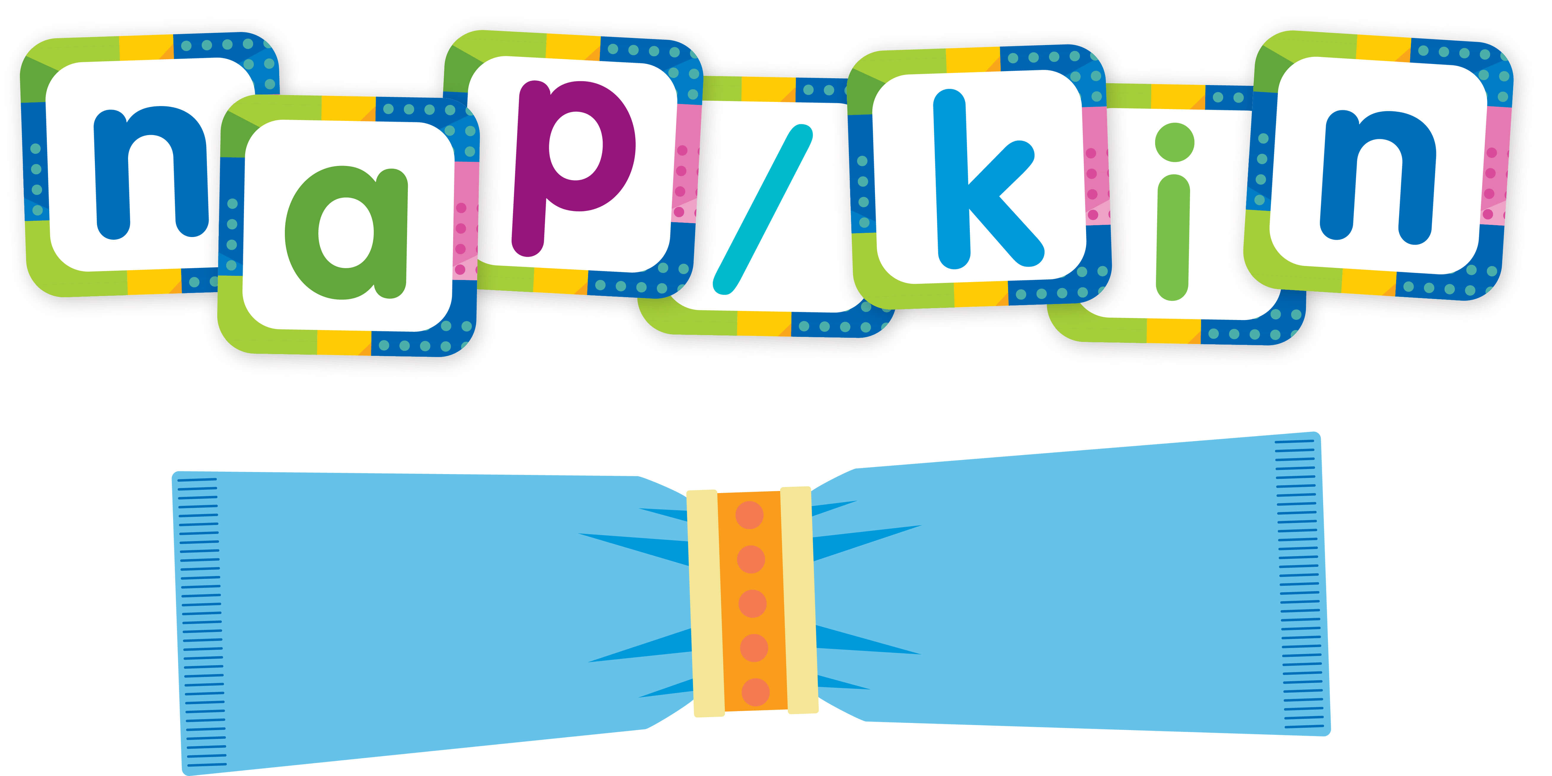 Illustration of phonics letter-cards forming the word napkin, with a slash mark designating the two syllables.