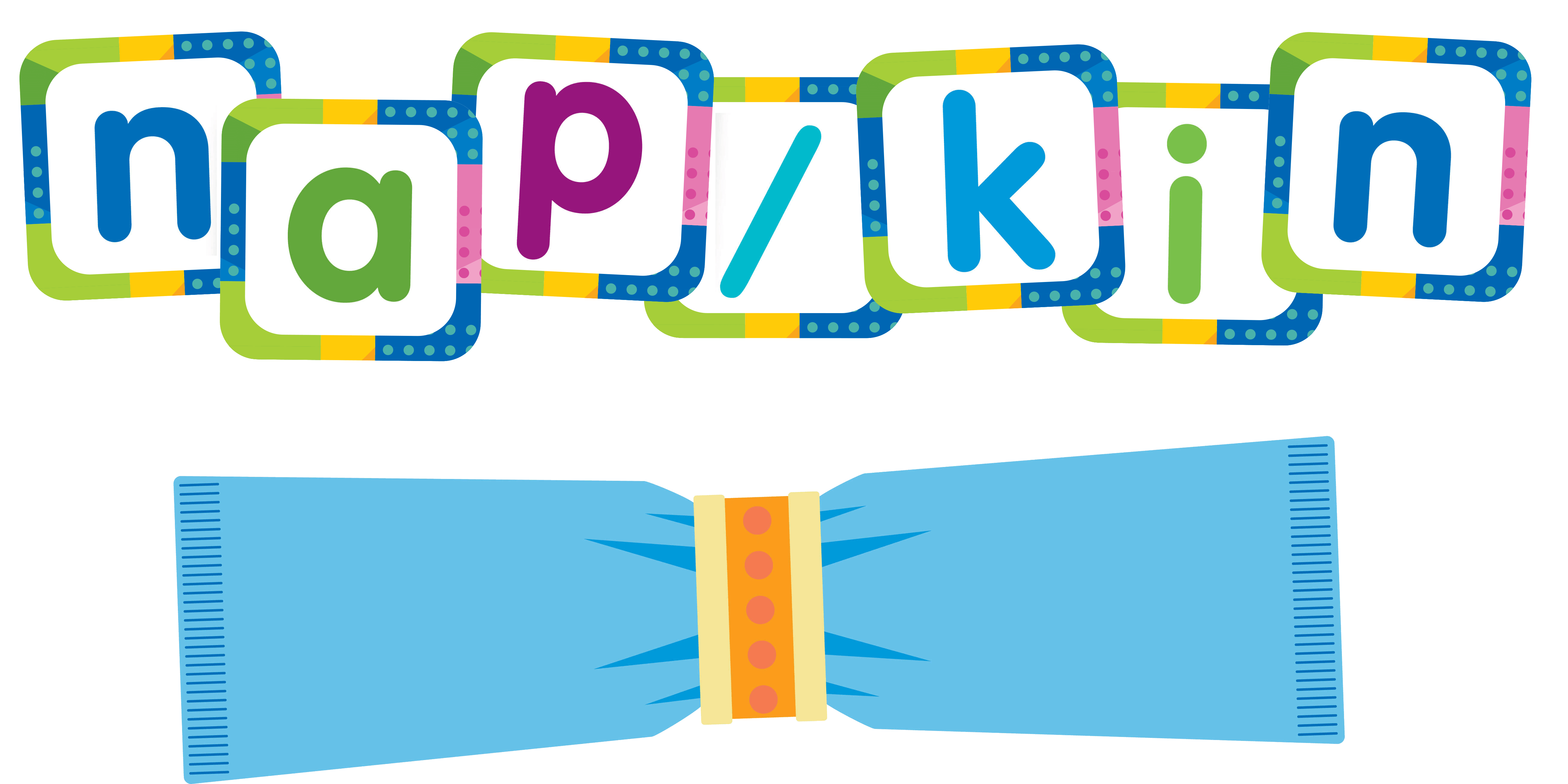 Illustration of phonics letter-cards forming the word napkin, with a slash mark designating the two syllables.