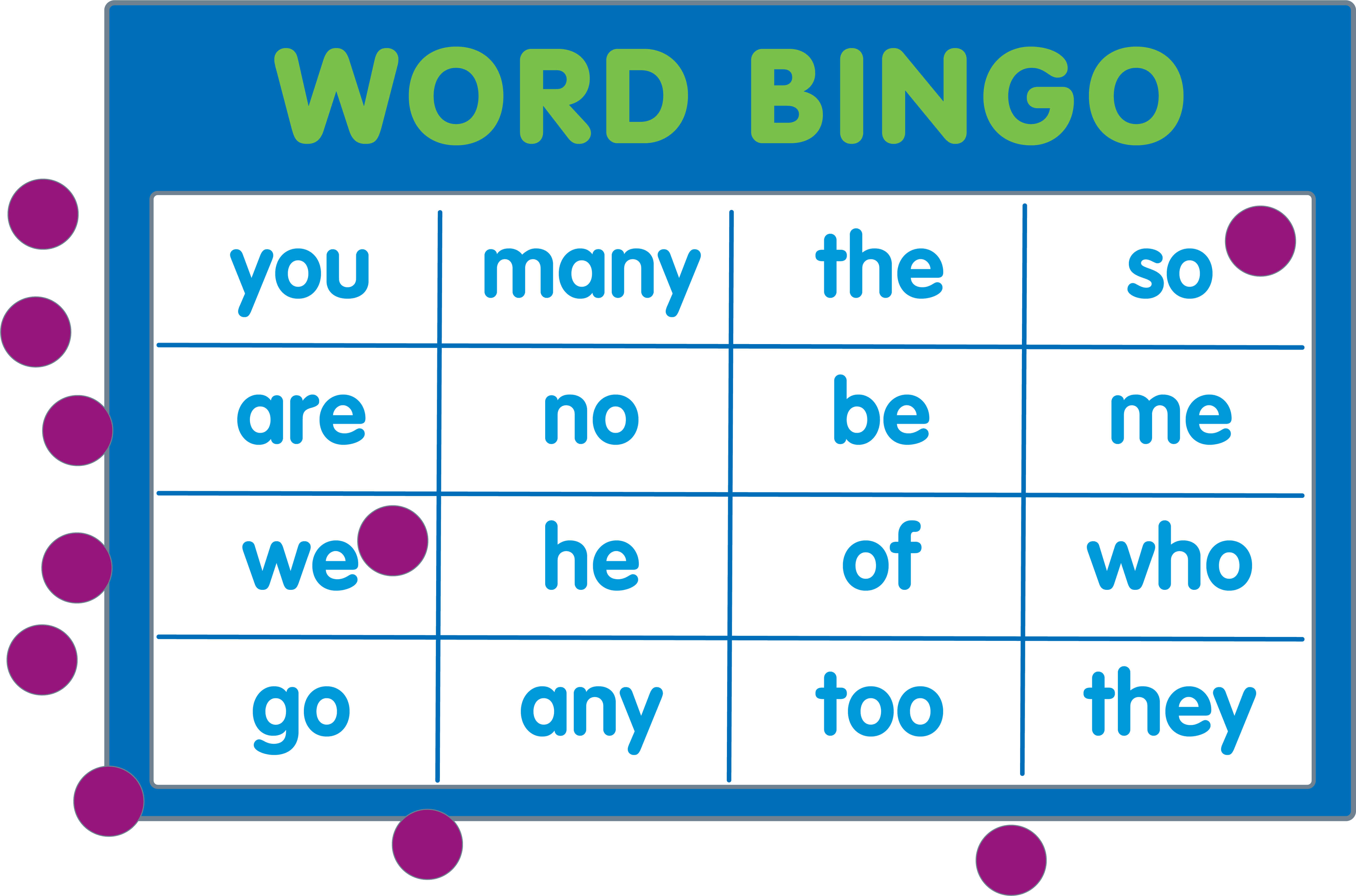 Bingo card with high-frequency words for a fun phonics game.