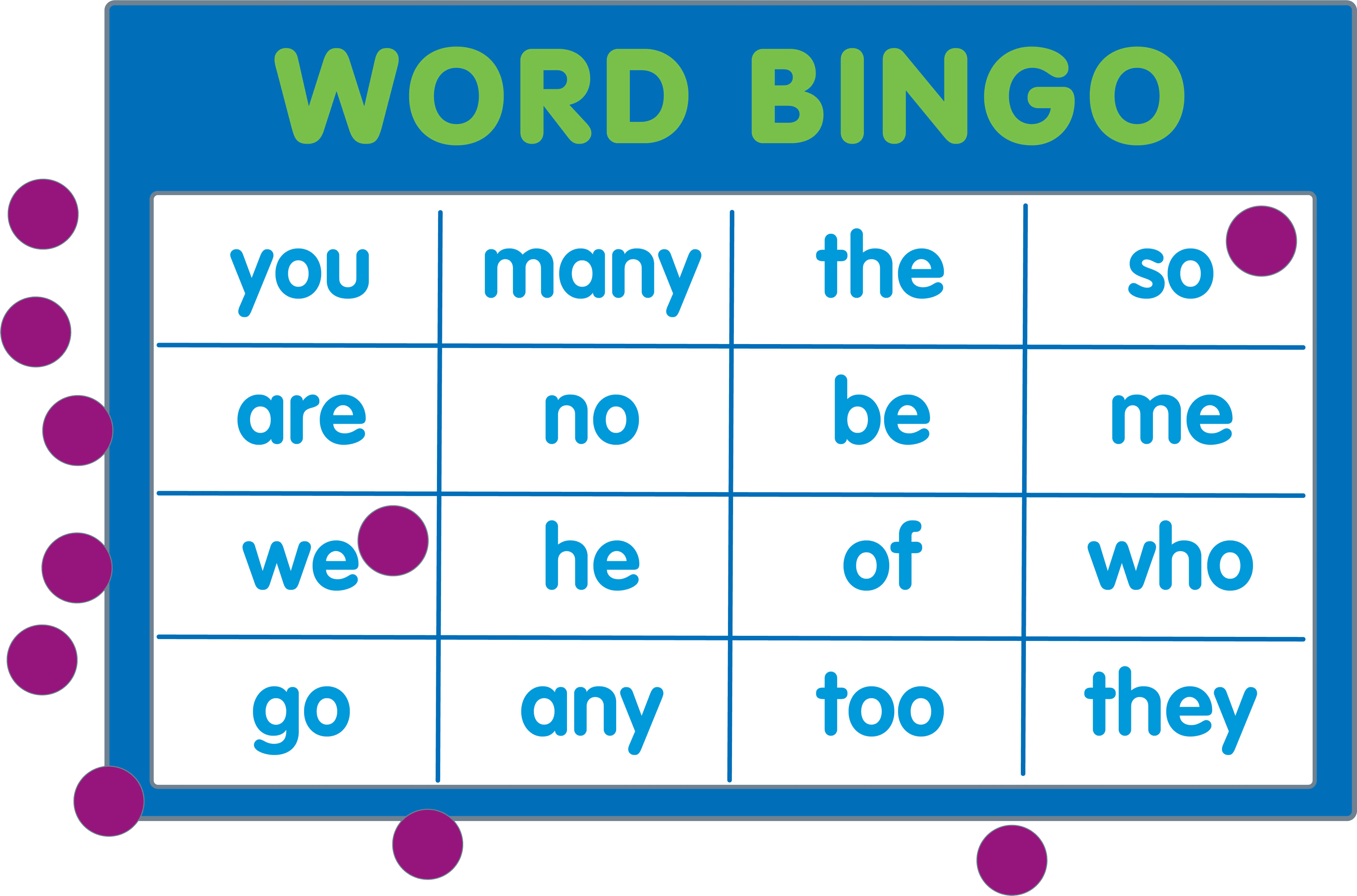 Bingo card with high-frequency words for a fun phonics game.