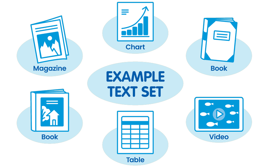 Diagram showing an example text set that includes different formats: books, magazines, videos, charts, and tables.